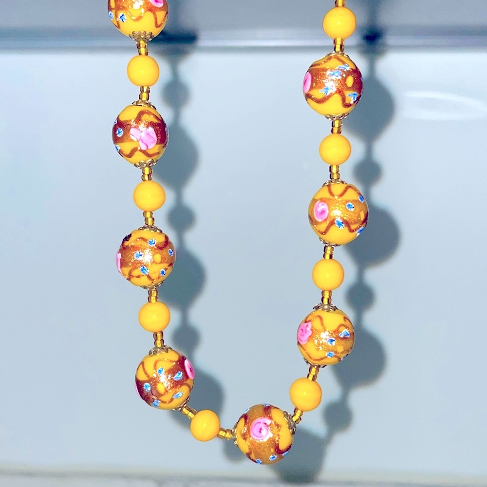 Cloisonné Necklace Mustard Yellow Beads Vintage Chinese Real Gold Enamel 22” EUC
